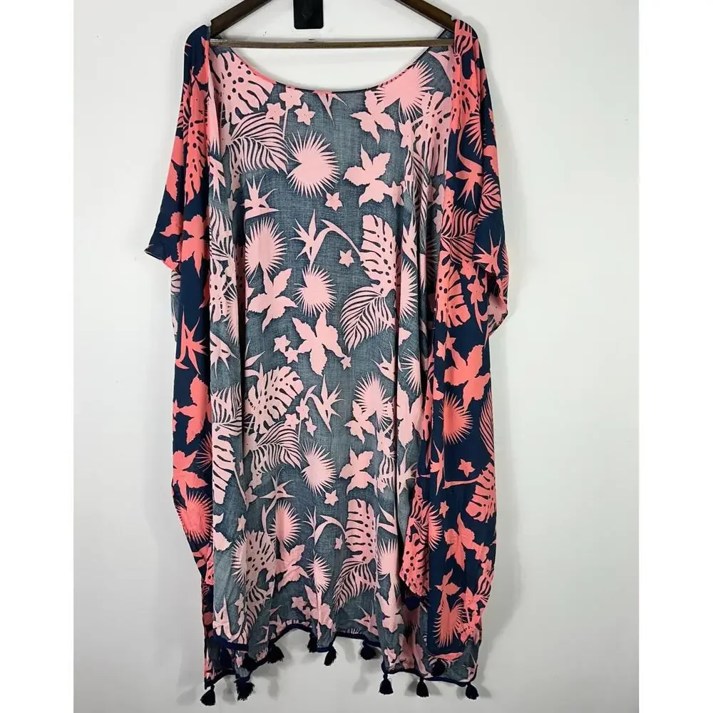 Salt Life Kimono Cover Up Womens OSFM Pink Navy Tropical Floral Tassel‎ Beach